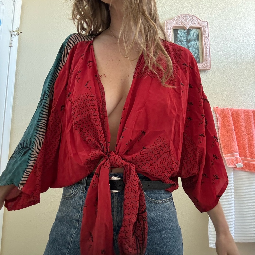 Red silk tie blouse